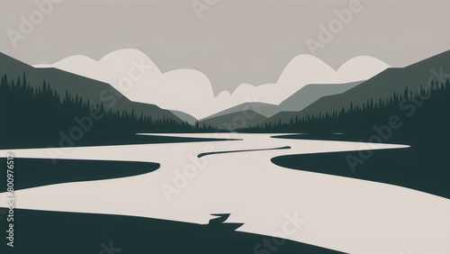 a painting of a mountain lake with a reflection of a mountain in the water. photo