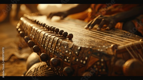 A close-up shot of a traditional African instrument, its intricate craftsmanship and melodic tones representing the musical traditions passed down  photo
