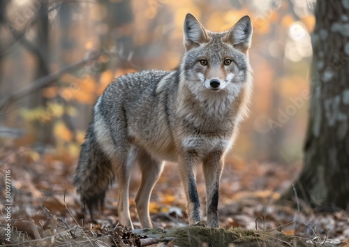 Majestic Gray Fox Standing in Autumn Forest at Sunset