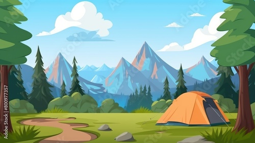 Serene Mountain Camping Scene with Tent and Pine Trees