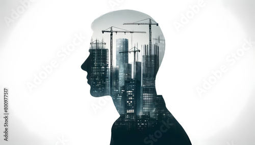 a silhouette with a double exposure effect of a construction site.