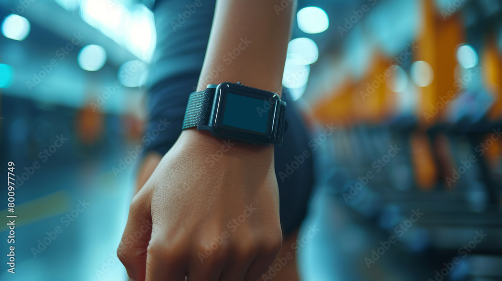 Fototapeta premium Evening workout with a smartwatch in a gym setting
