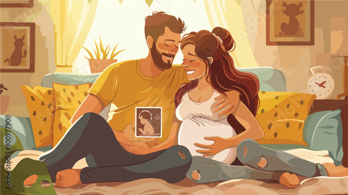 Young pregnant couple with sonogram image at home Vector photo