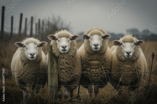 sheep together looking at the camera. generative ai photo