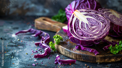 Fresh red cabbage on wooden boar photo