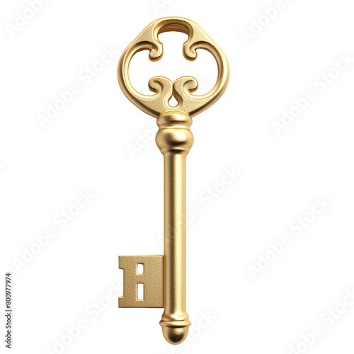 3d gold key clay rendered soft pastel color, blender illustration transparent background