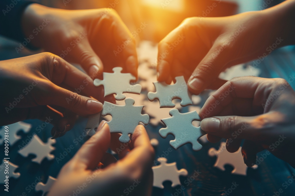Hands join puzzle pieces, putting the jigsaws team together, business concept Hands join puzzle pieces, putting the jigsaws team together, business concept