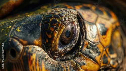 A close-up shot of a turtle's eye, with its intricate patterns and expressive gaze, capturing the intelligence and sentience of these remarkable reptiles on World Turtle Day.