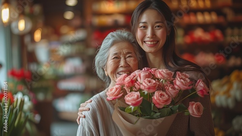 Daughter gives mom flowers on mother's day, international women's day, march 8, birthday, happy family