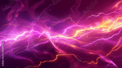 Glowing magenta neon lightning streaks against a backdrop of glowing yellow waves, isolated on a solid white background." © Hamza