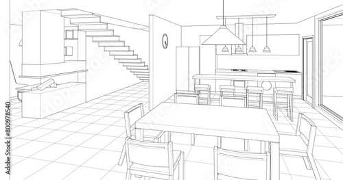 house interior sketch 3d illustration 