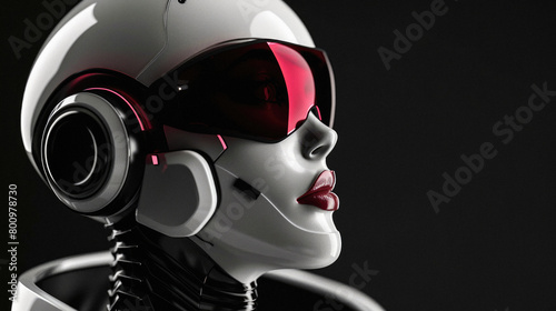 A woman in a robot suit with red goggles and a red lipstick