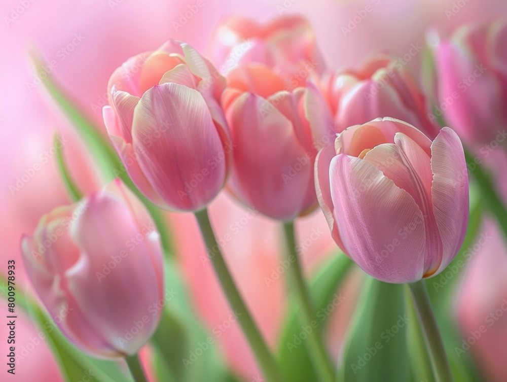 Fototapeta premium spring flower composition with delicate pink tulips against a pastel pink background.