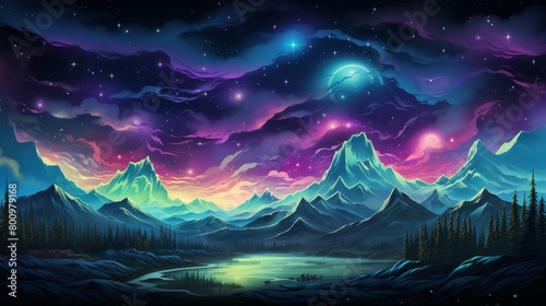 The image is a beautiful landscape of a mountain range at night. The sky is dark and filled with stars. The mountains are covered in snow. The image is very peaceful and serene. © sorrakrit