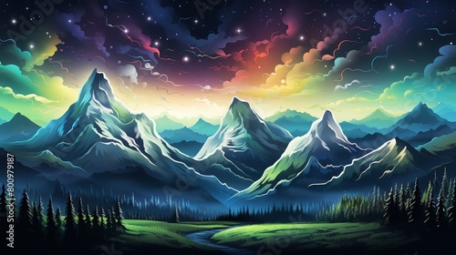 The image is a beautiful landscape painting of a mountain range at night photo