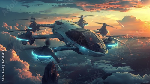eVTOLs background, electric vertical take-off and landing aircrafts, air taxis, 16:9 photo