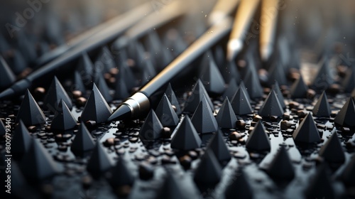 The image shows a close-up of a pile of sharp, metal arrowheads