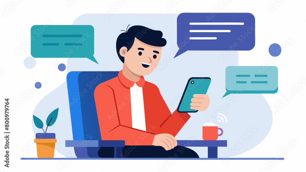 During a job interview a man with a learning disability uses a speechtotext app on his phone to answer questions and communicate his qualifications to. Vector illustration During a job interview a man with a learning disability uses a speechtotext app on his phone to answer questions and communicate his qualifications to. Vector illustration