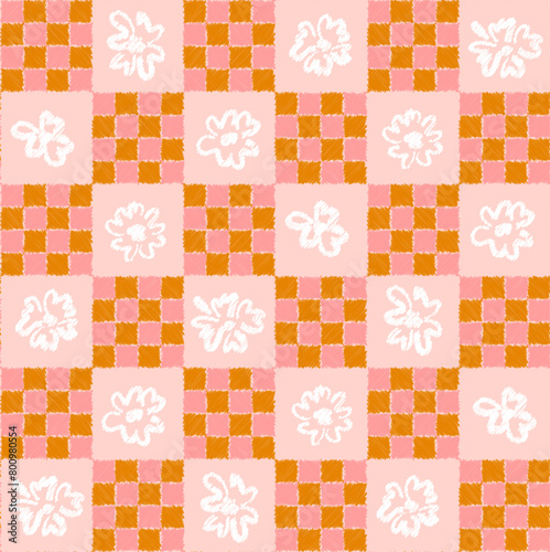 Flower Line Doodle With Checked Seamless Pattern Art On Blue Background Wallpaper 
