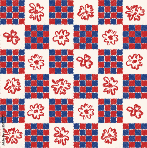 Flower Line Doodle With Checked Seamless Pattern Art On Blue Background Wallpaper 