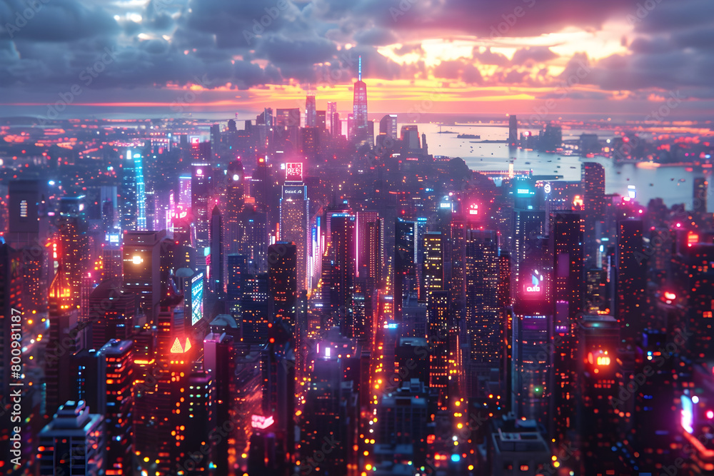 Obraz premium Futuristic Cityscape with Neon Lights at Sunset