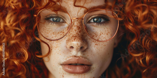 A woman with red hair and glasses is staring at the camera