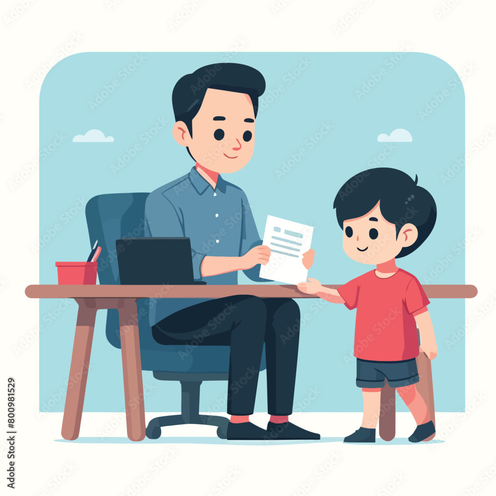 Illustration of a boy helping father work in front of a laptop