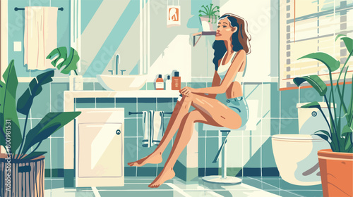 Young woman shaving her leg with razor in bathroom Vector