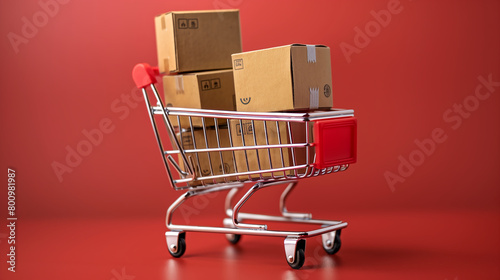 Pakete in einem Einkaufwagen auf einfachem roten Hintergrund