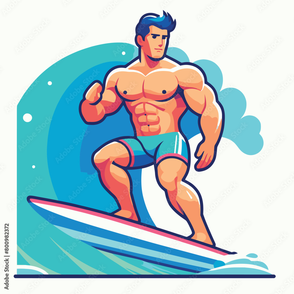 Illustration of a man surfing coolly on the ocean waves