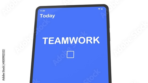 Electronic tablet with calendar app and text TEAMWORK. Scheduling concept, deadline control. 3D animation.