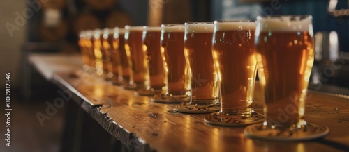 Glasses filled with beer are neatly lined up on a wooden table in a bar or nightclub