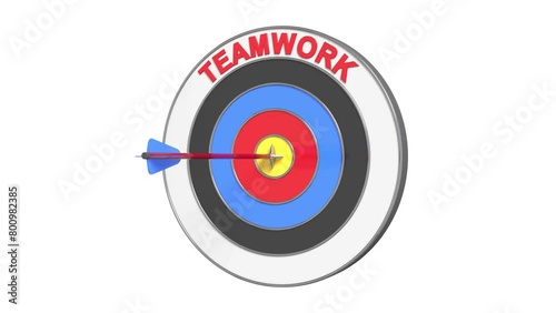 An arrow flies and hits the target of a text TEAMWORK. Concept of target, success, solution. 3D animation.
