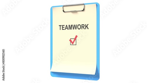 Clipboard checklist text TEAMWORK. The concept of planning and execution. 3D animation.