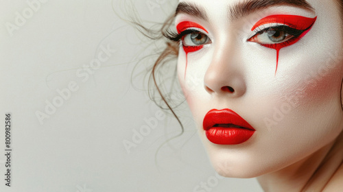 A woman with red lips and red eye liner