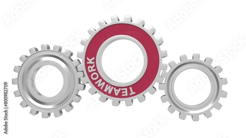 Spinning gears text TEAMWORK. Interaction concept. 3D animation.