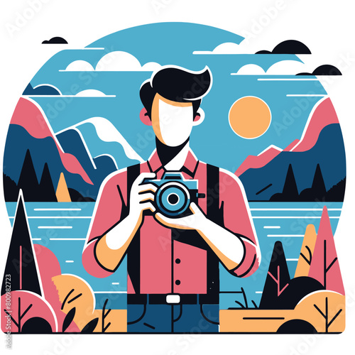 Illustration of a photographer taking pictures of a landscape