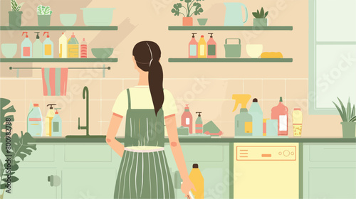Young woman with cleaning supplies at home Vector style