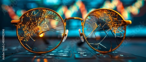 Golden eyeglasses with cracked lenses, reflecting a falling stock chart, Depicting the failure to foresee financial disaster , close-up photo