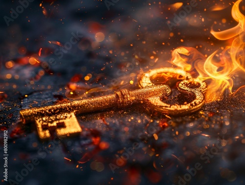 Golden key melting in flames, Depicting the loss of access to financial security , 8K resolution