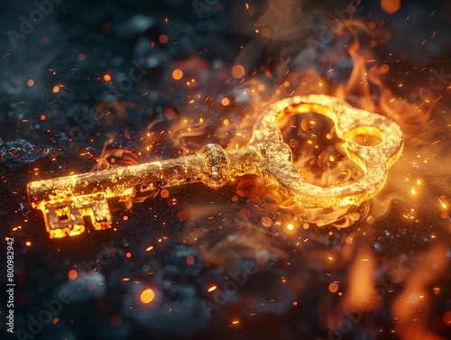 Golden key melting in flames, Depicting the loss of access to financial security , 8K resolution photo