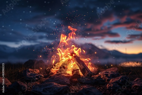 A campfire burns brightly in the middle of a field at night, illuminating the surrounding area under a starry sky