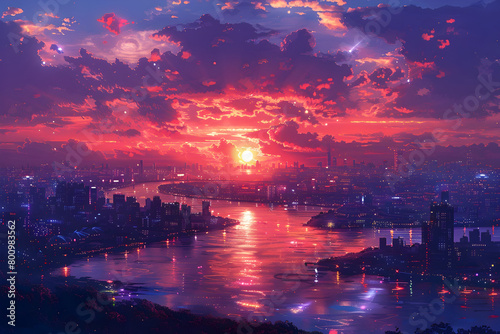 Anime-inspired Cityscape with Sunset in the Style of Nightcore photo