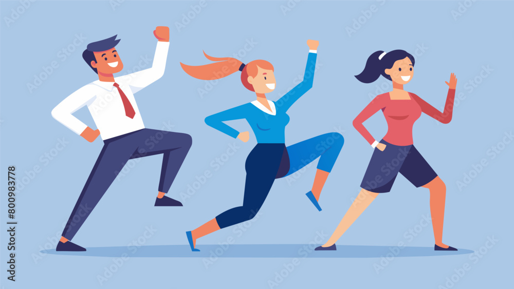 A group of coworkers participate in a lunchtime workout combining calisthenics with basic karate moves to improve their functional fitness for A group of coworkers participate in a lunchtime workout combining calisthenics with basic karate moves to improve their functional fitness for