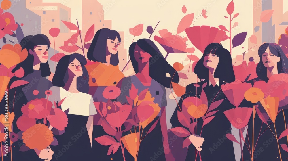 Fototapeta premium A group of happy women with bouquets of flowers