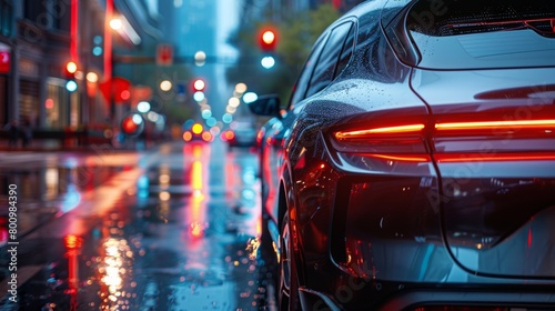 Gleaming Car Reflections on Rain-Soaked City Street © admin_design