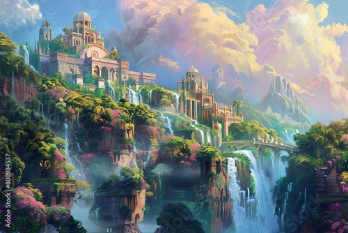 A beautiful digital painting of a floating island with a city on it