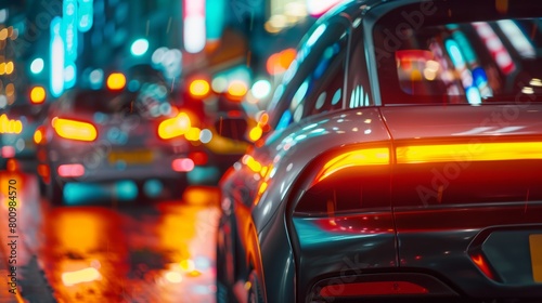Vibrant City Traffic Through Car's Rear Lights at Night