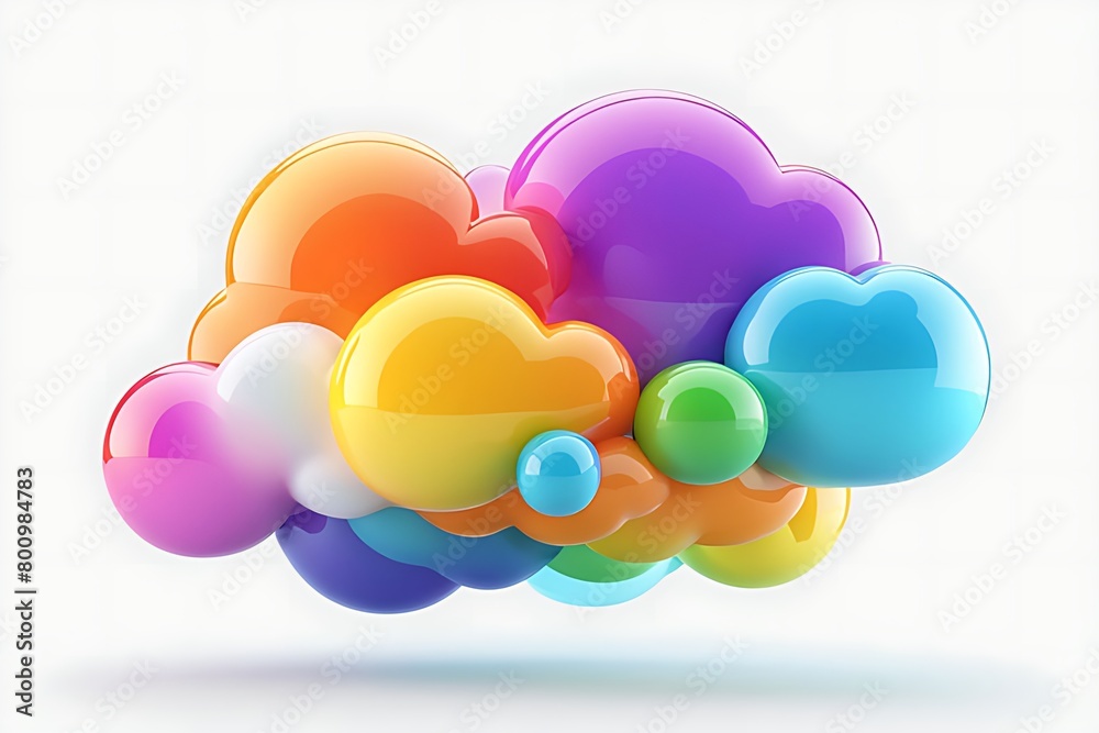 Obraz premium Abstract rainbow clouds isolated on white background. Textured cartoon 3D illustration, gradient. Glossy surface