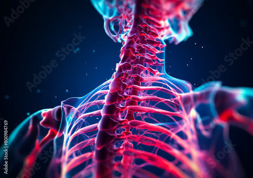 Detailed Human Spine XRay 3D Rendering - Vertebrae, Discs Highlighted Red Blue Tones - Medical Anatomy Illustration photo
